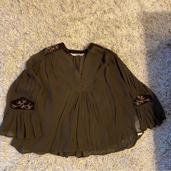 ZARA BASIC Silk Velvet Beads Embroidery Kimono Tunic Top Olive, size XS - Picture 16 of 16